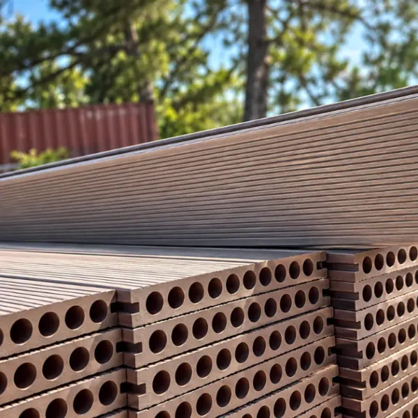 Coffee composite decking boards stacked, showing the grooved face and hollow core